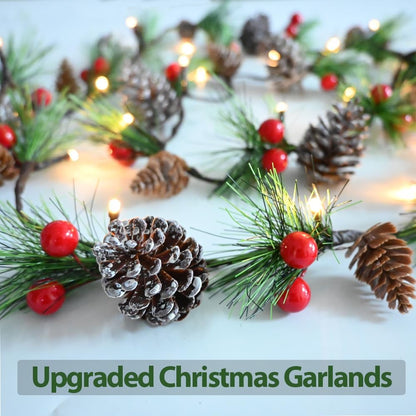 Christmas Garland Lights 6.56FT Holiday Prelit Garlands Pine Cone Garland with Red Berry Upgraded Battery Operated Garland with LED Lights Xmas Decor Lights for Outdoor Indoor Christmas