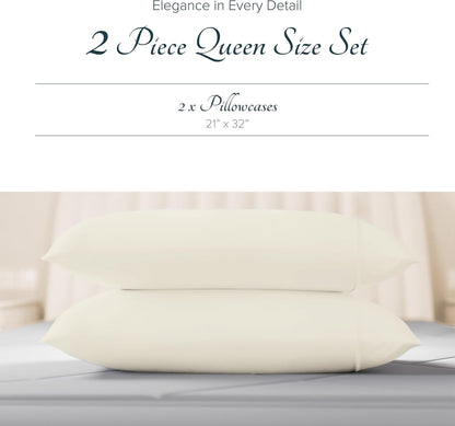 Carressa Linen 100% Egyptian Cotton Pillow Cases Standard/Queen Size Set of 2 - Luxury 1500 Thread Count Sateen Ivory Pillow Cases, Silky Soft Cotton Pillowcases Fits Standard & Queen Pillows