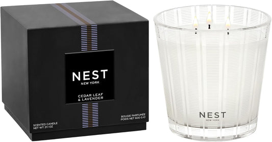 NEST New York Scented 3-Wick Candle, Cedar Leaf & Lavender - 21.2 oz - Up to 100-Hour Burn Time - Reusable Glass Vessel