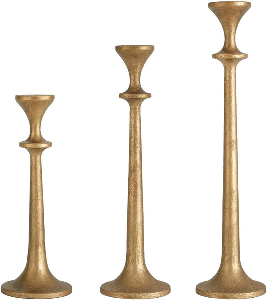 Taper Candle Holders Set of 3 - Short, Medium, Tall Metal Candle Sticks for Dining Table, Home Decor, Wedding Centerpiece Elegant Gift for Hosts, Homeowners & Event Planners (Antique Brass)