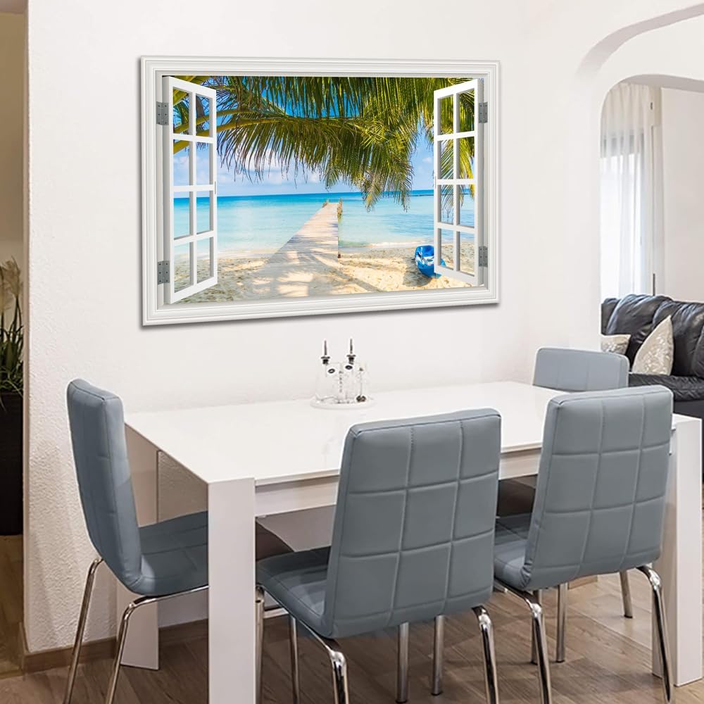 Tropical Palm Tree Canvas Art Decor for Wall Beach Pictures for Living Room White Fake Window Frame Style Ocean Landscape Painting for Bedroom Blue Seacape Art Print Extra Large Coastal Artwork for Home Office Basement Decorations32x48inch