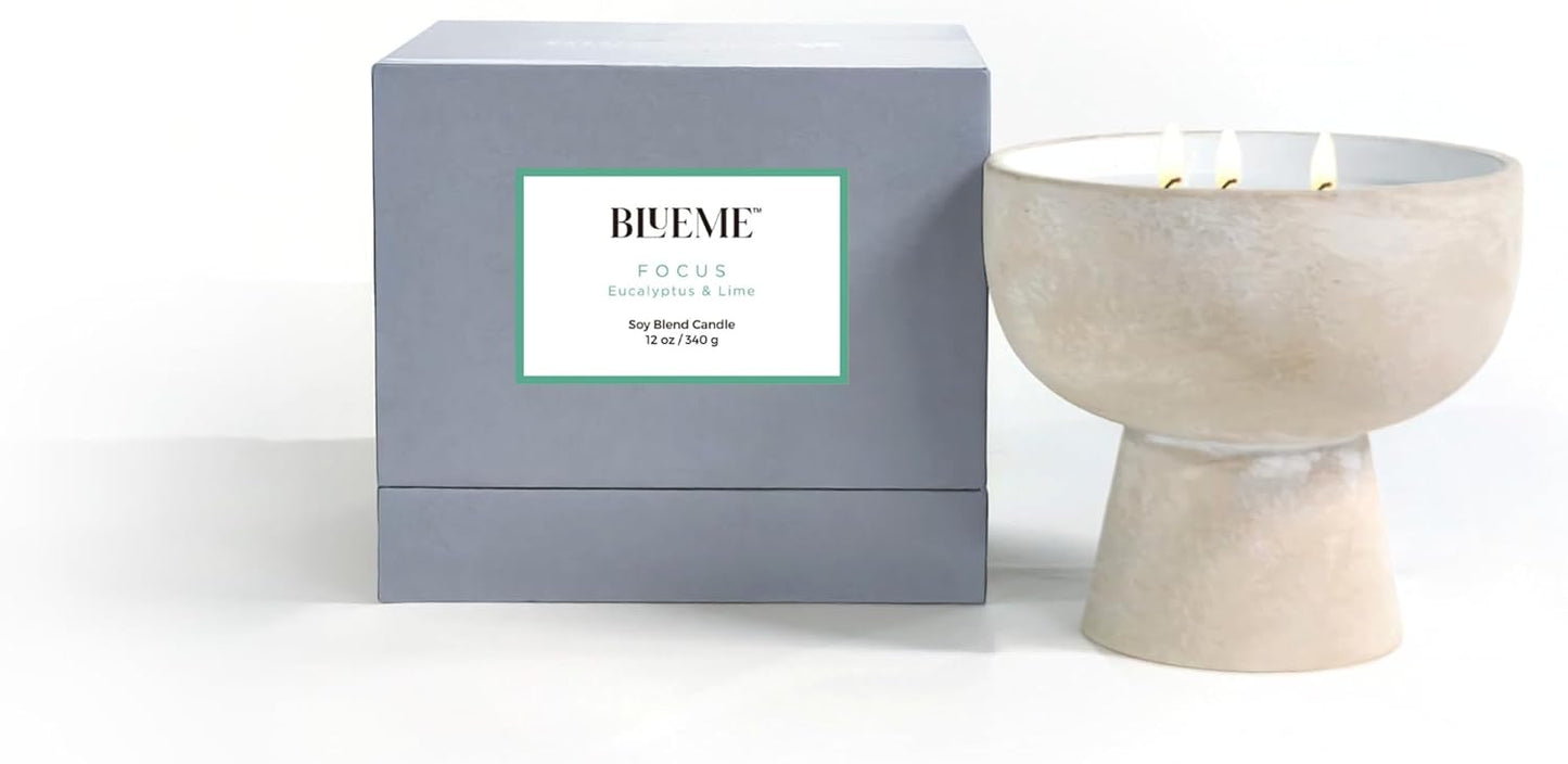 BLUEME Focus - Eucalyptus & Lime, Luxury Candle w/Essential Oils, 3 Wick, Hand-Poured Soy, Cotton Wick, Ceramic