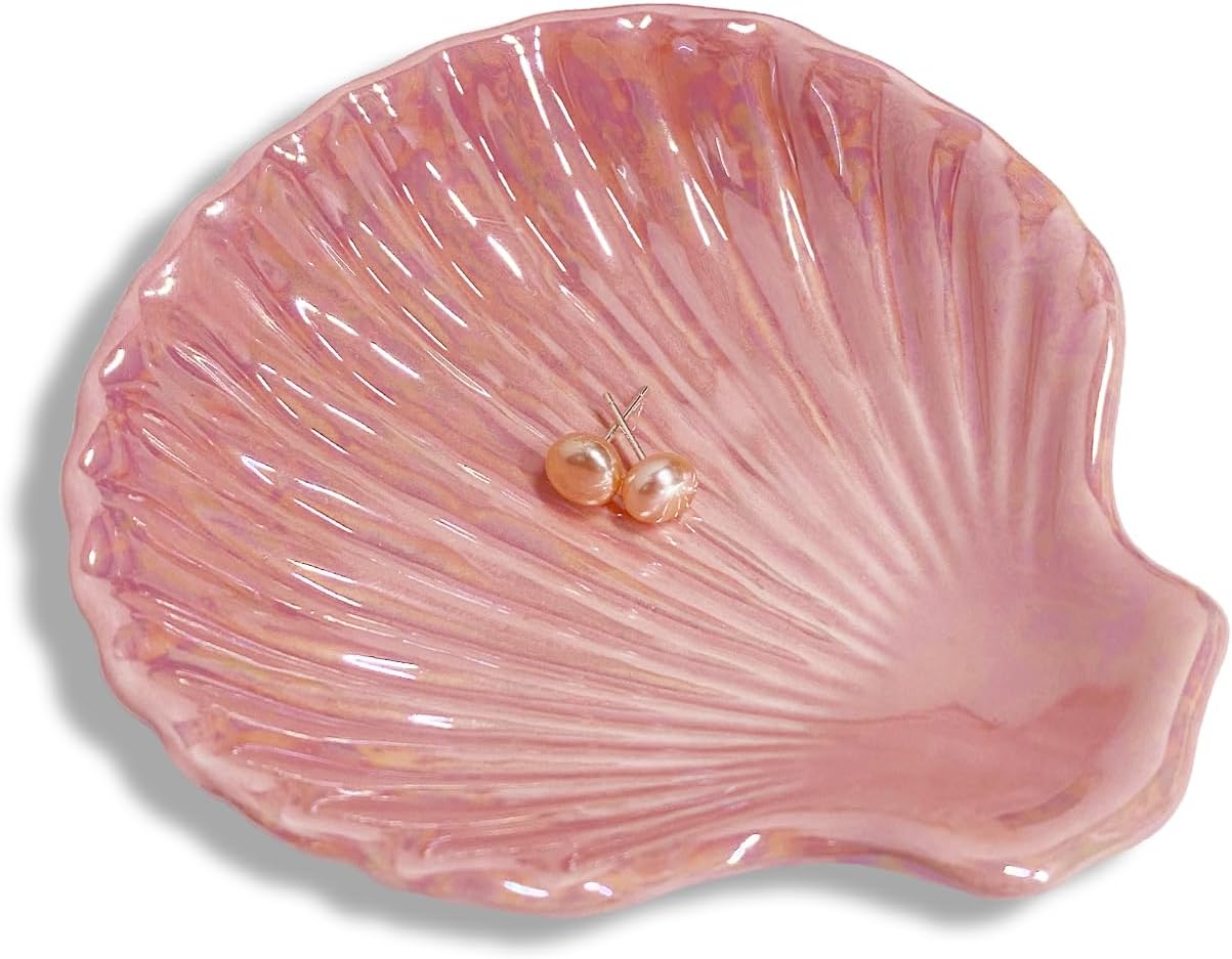Shell Shape Ring Holder Dish, Seashell Jewelry Dish Tray, Ceramic Trinket Tray for Rings Earrings Necklaces Bracelet, Birthday Christmas Gift for Mom Friend Sister, 3.9", Pink Iridescent Surface