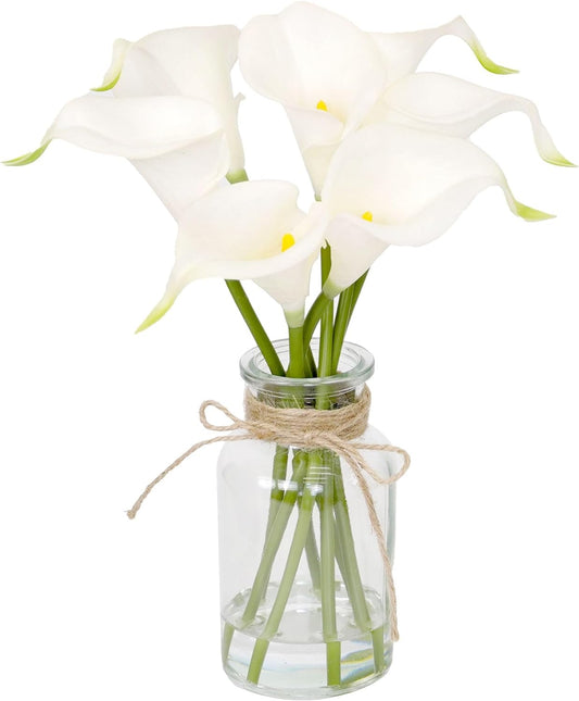 Artificial Flowers Calla Lily in Glass Vase with Faux Water,7Pcs Artificial Flower Real Touch Latex Flowers for Centerpiece Table Decorations Counter Decor(White Calla Lily)