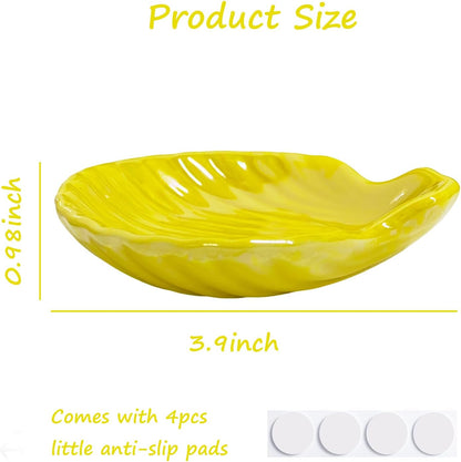 Shell Trinket Dish, Ceramic Jewelry Dish Trinket Tray, Cute Jewelry Organizer Plate for Jewelry, Earring Seashell Jewelry Ring Holder, 3.9", Bright Yellow Iridescent Surface