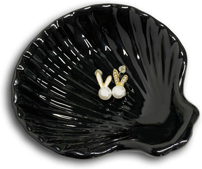 Shell Shape Ring Holder Dish, Seashell Jewelry Dish Tray, Ceramic Trinket Tray for Rings Earrings Necklaces Bracelet, Birthday for Mom Friend Sister, 3.9", Black