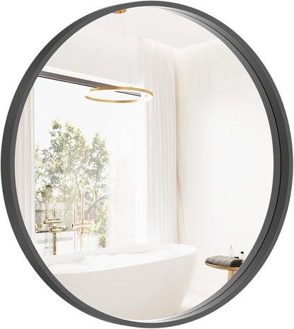 HOMECOOKIN Round Wood Mirror, 24" Round Bathroom Wall Mirror Circle Mirrors for Wall Decor, Vanity, Living Room, Bedroom, Entryway, Black