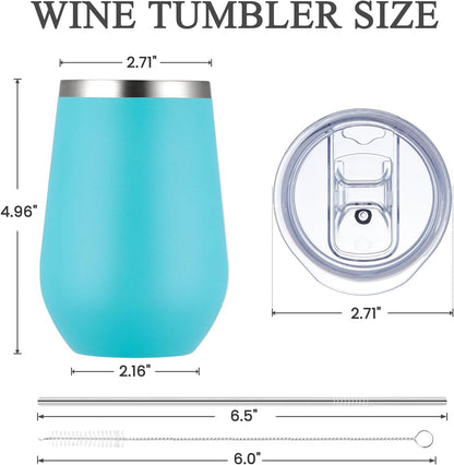 MEWAY Stemless 12oz Insulated Wine Tumbler with Lid and Straw - Double Wall Stainless Steel Thermal Cup for Hot and Cold Drinks, Ideal for Bridal and Baby Shower Game Prizes(Light Green,Set of 12)