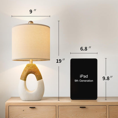 OYEARS 19” Boho Table Lamps Bedroom Living Room,Suitable for Small Space,Farmhouse Rattan Lamp Rustic Egg Design Resin Nightstand Bedside Lamps for Bedroom Living Room Office Study Rest Decor