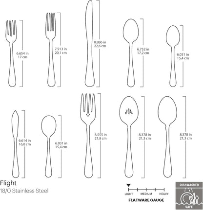 Oneida Silverware Set For 8, Flight 45-Piece Everyday Flatware Set with Serving Utensils, Service For 8, 18/0 Stainless Steel, Dishwasher Safe, Knives Spoons and Forks Set, Dining (Silver, 45 pieces)