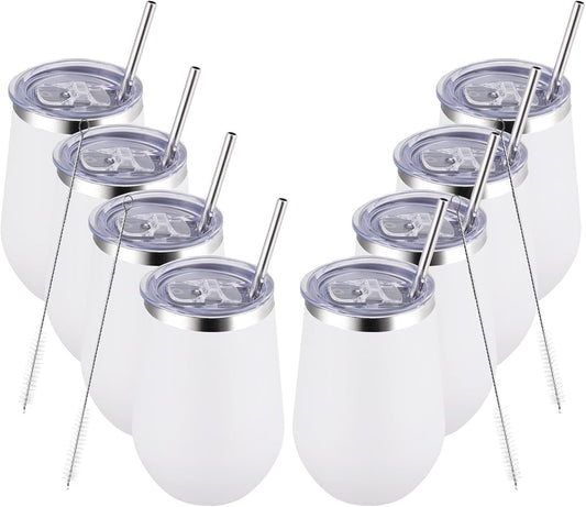 MEWAY Stemless 12oz Insulated Wine Tumbler with Lid and Straw - Double Wall Stainless Steel Thermal Cups, Travel wine glasses, Ideal for Bridal and Baby Shower Game Prizes(White,Set of 8)