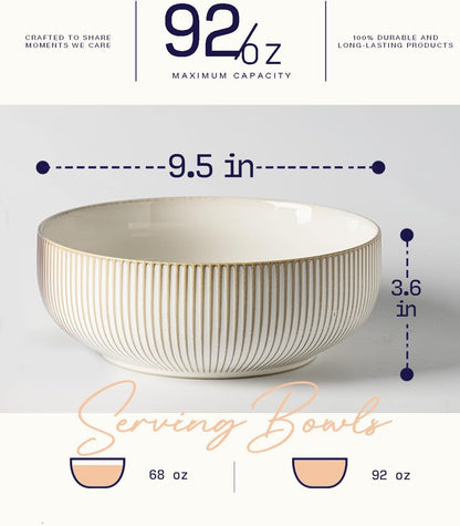 getstar Large Serving Bowls (9.5 inch & 92 fl oz), Ceramic Salad Bowl Set of 2, Microwave and Dishwasher Safe, Farmhouse Kitchen Decorative Bowls Set (Embossed Checks & Stripes)