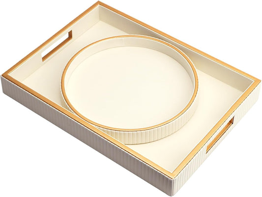 SANZIE Leather Tray Desktop Storage Organizer Premium Serving Tray Decorative Tray Valet Tray for Sundries Cosmetics Phone Wallet Cutlery, Circle + Rectangular, White