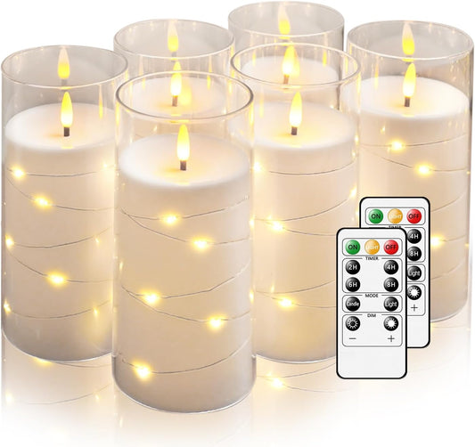Flickering Flameless Candles with Remote Timer, 6pcs LED Battery Operated Candles with Embedded String Lights White, D3 H6