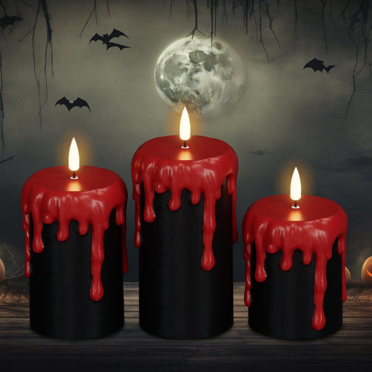 DRomance Battery Operated Flameless Candles with 6H Timer, Blood Dripping Wax Effect Black LED Pillar Candles 3D Wick Flickering Spooky Halloween Indoor Decoration Light(3 Pack, 3 x 4,5,6 Inches)