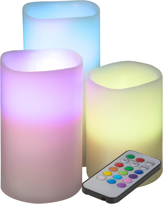 Flameless LED Candles - 3-Piece Color Changing Flameless Candle Set with Remote for Home, Wedding, Bridal Shower, and Christmas Decor by Lavish Home