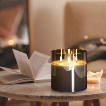 Eywamage 3 Wick Silver Grey Glass Flameless LED Candle with Remote, Flickering Large Battery Pillar Candle Decor Φ 6" H 6"