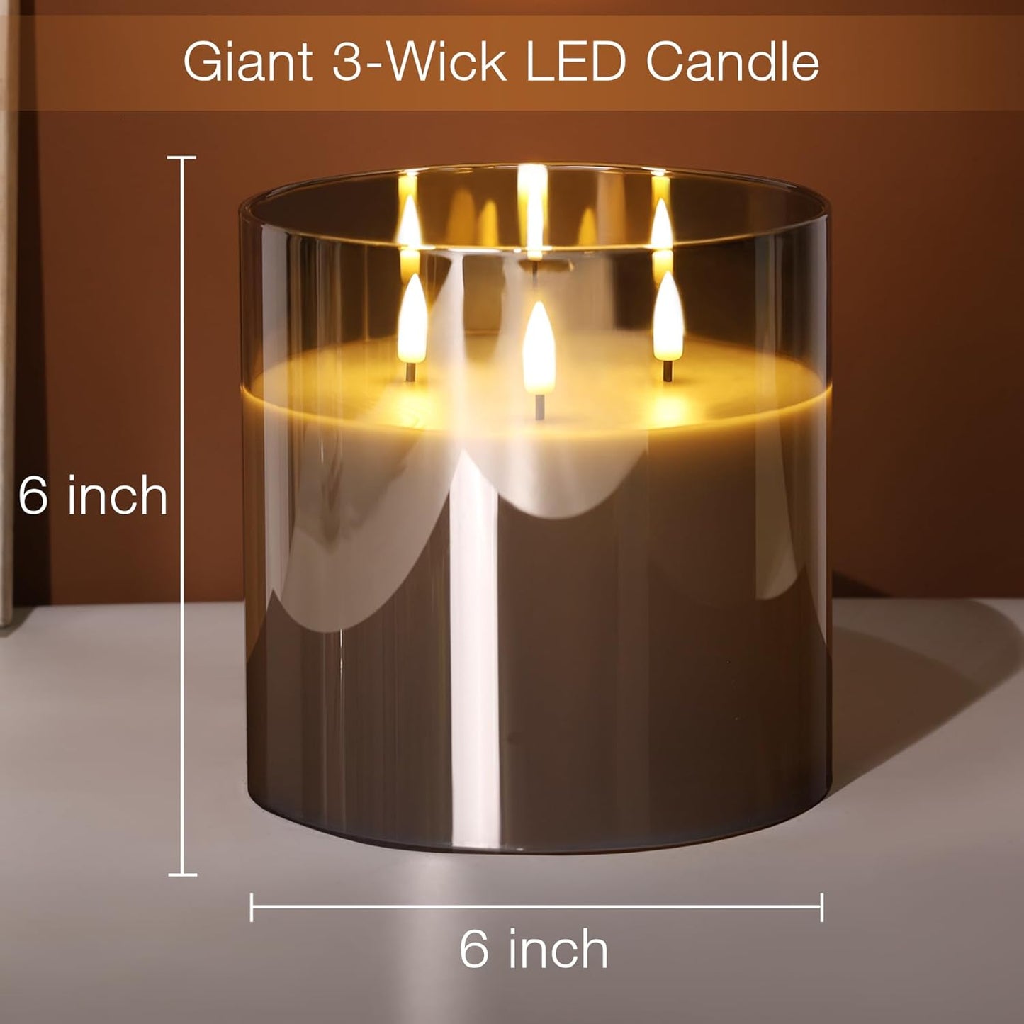 Eywamage 3 Wick Silver Grey Glass Flameless LED Candle with Remote, Flickering Large Battery Pillar Candle Decor Φ 6" H 6"