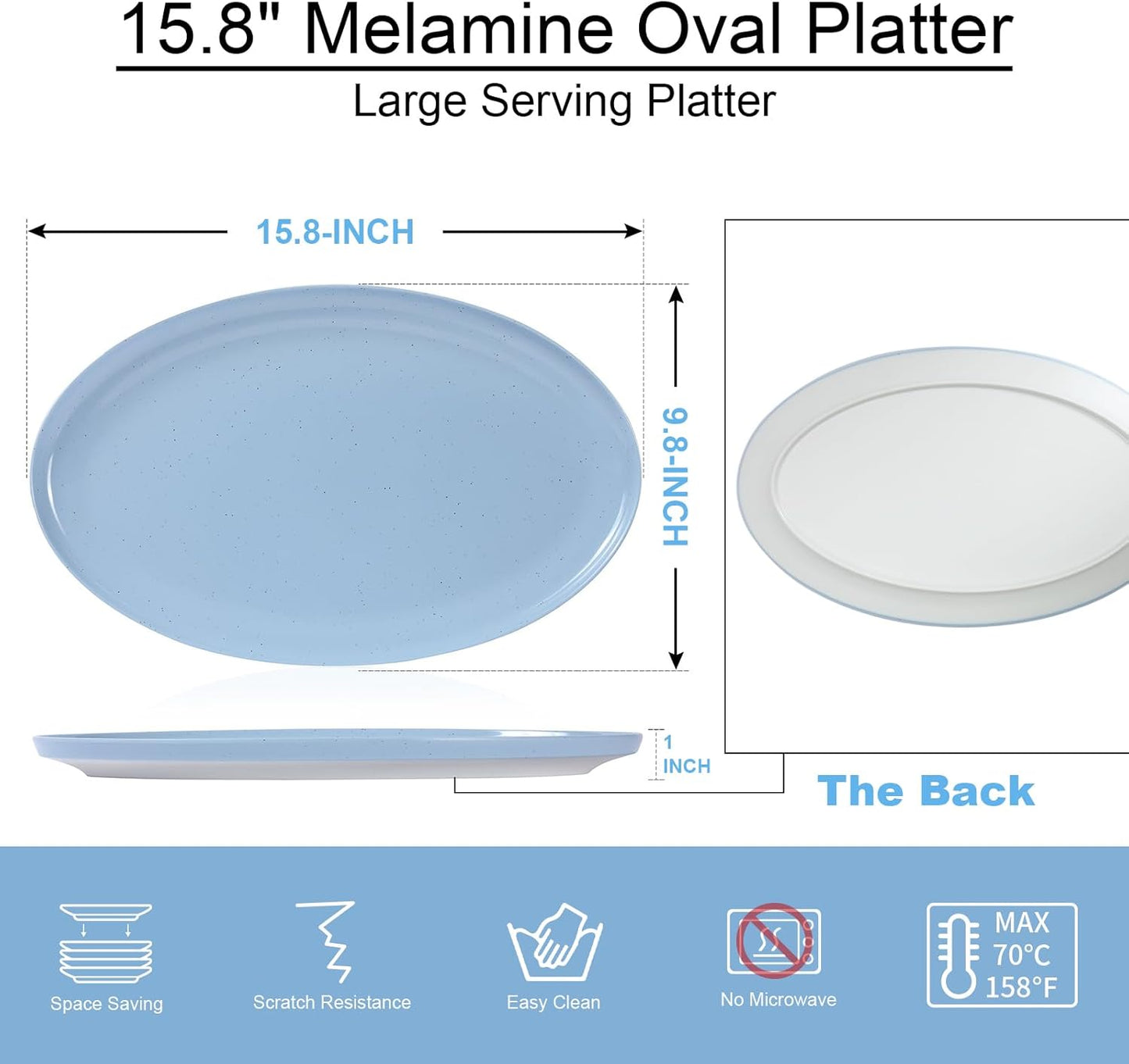 Webbylee ‌16" Melamine Oval Platter Set of 2- Lightweight Durable Serving Tray for Party, Catering & Home | Dishwasher Safe, Fits Turkey/Charcuterie-Blue & Beige