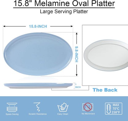 Webbylee ‌16" Melamine Oval Platter Set of 2- Lightweight Durable Serving Tray for Party, Catering & Home | Dishwasher Safe, Fits Turkey/Charcuterie-Blue & Beige