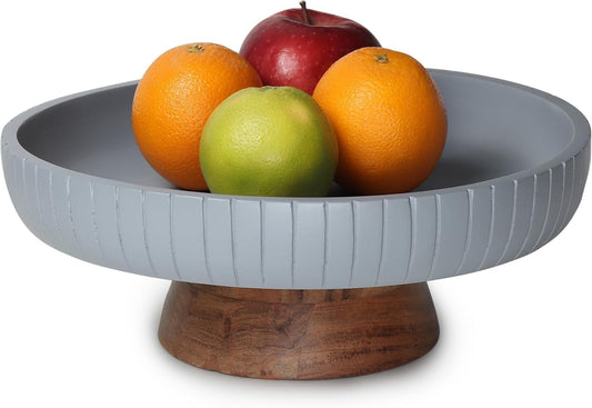 Mango Wood fruit bowl, Decorative gray bowl with natural finish pedestal | 12" dia | Dual tone look | Use as Centerpiece for kitchen counter or dining table | Wooden table decor|(Gray)
