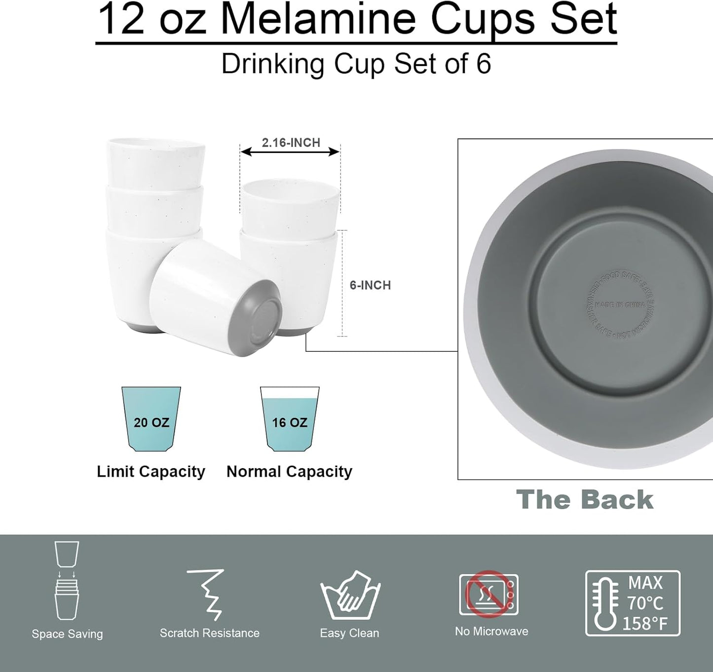 Webbylee 6-piece Melamine Cup - 12 ounce Unbreakable Reusable Drinkware for Party Wedding Camping, Dishwasher Safe & Lightweight (White/Grey)