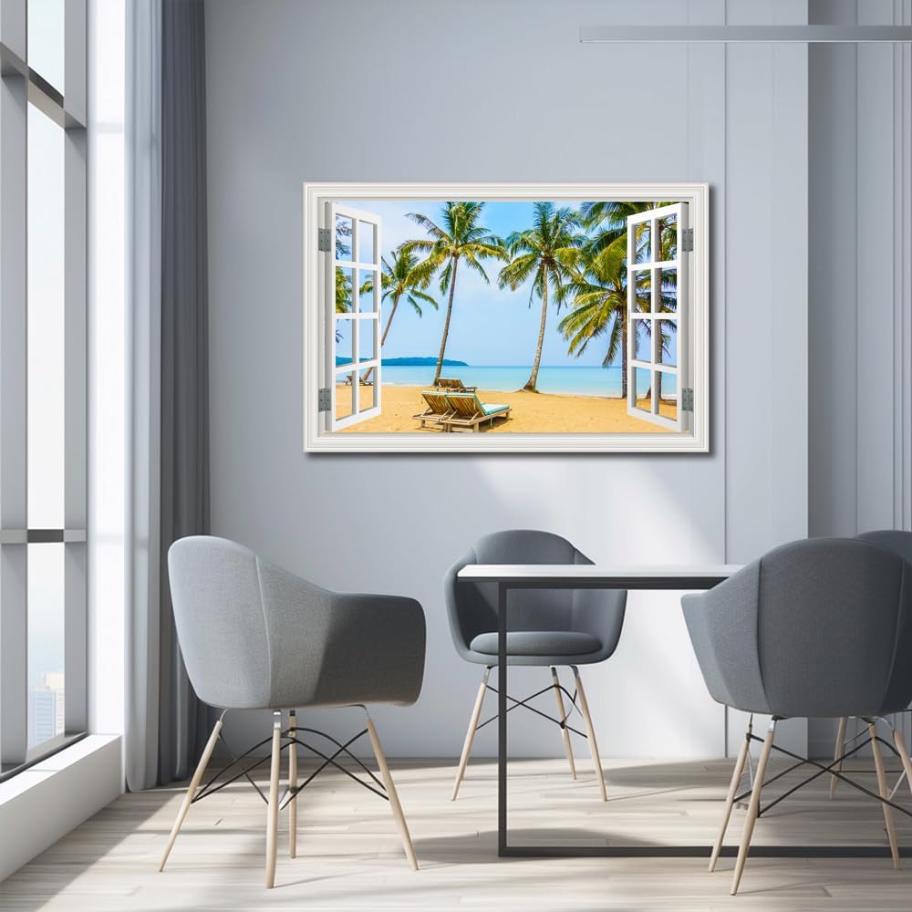 Tropical Beach Wall Art Fake Window Frame Style Blue Coastal Canvas with Palm Trees, 24x36 Inch, Ready to Hang for for Living Room, Bedroom, Bathroom & Home Office Décor