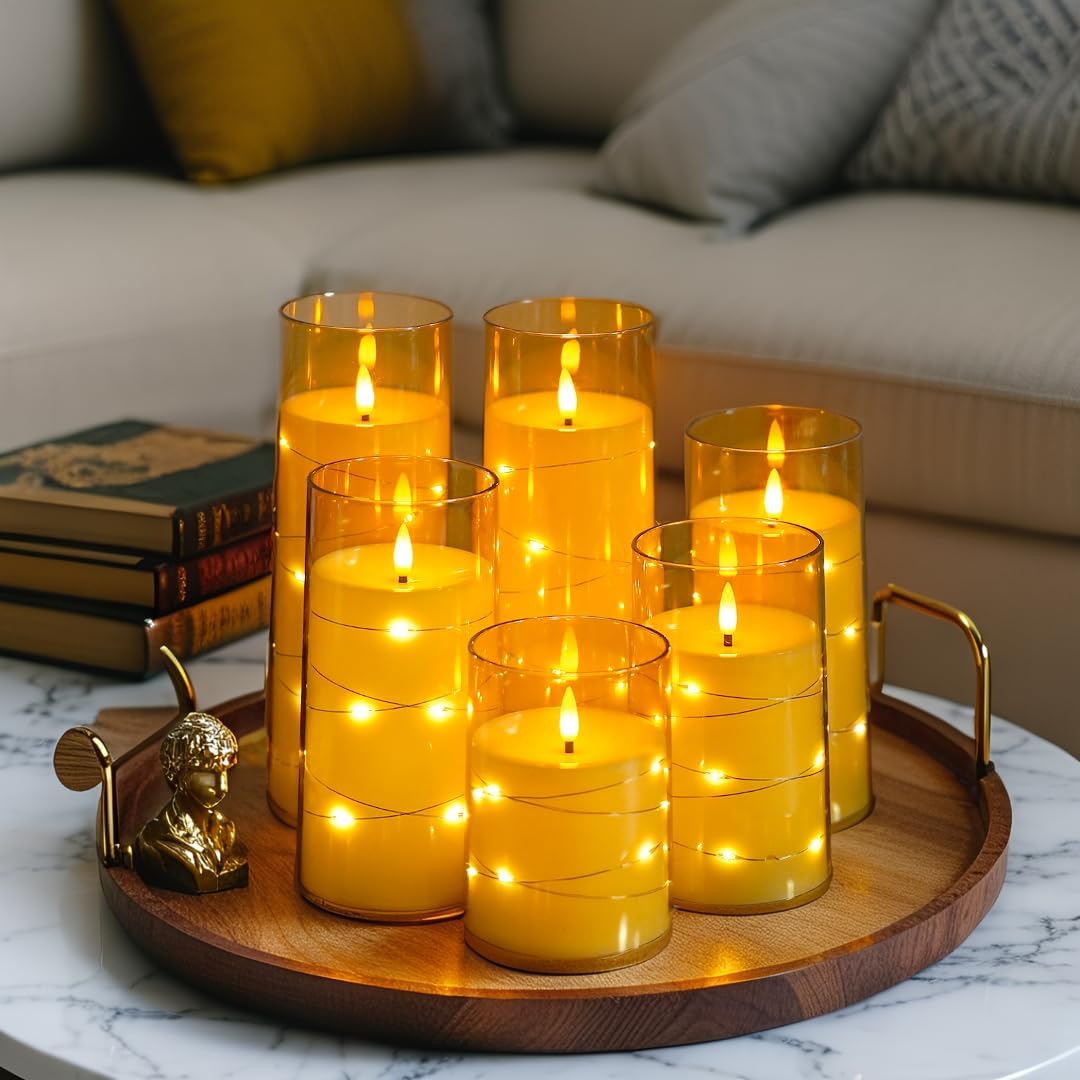 Lezonic 6Pcs Flameless LED Candles with Remote Timer, Acrylic Battery Operated Candles Flickering with Embedded String Lights, for Wedding Centerpiece, 3 x 456688 inches(Gold)