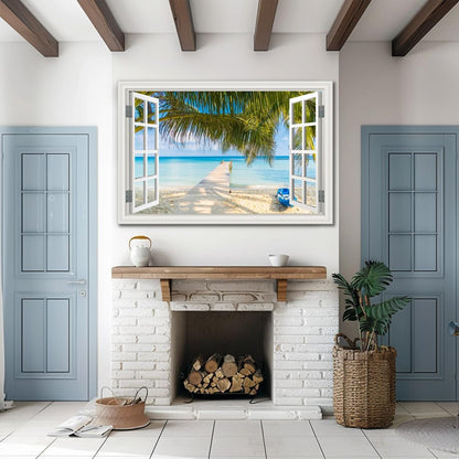 Tropical Palm Tree Canvas Art Decor for Wall Beach Pictures for Living Room White Fake Window Frame Style Ocean Landscape Painting for Bedroom Blue Seacape Art Print Extra Large Coastal Artwork for Home Office Basement Decorations32x48inch
