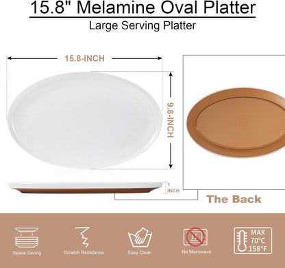 Webbylee ‌16" Melamine Oval Platter Set of 2 - Lightweight Durable Serving Tray for Party, Catering & Home | Dishwasher Safe, Fits Turkey/Charcuterie-White & Brown