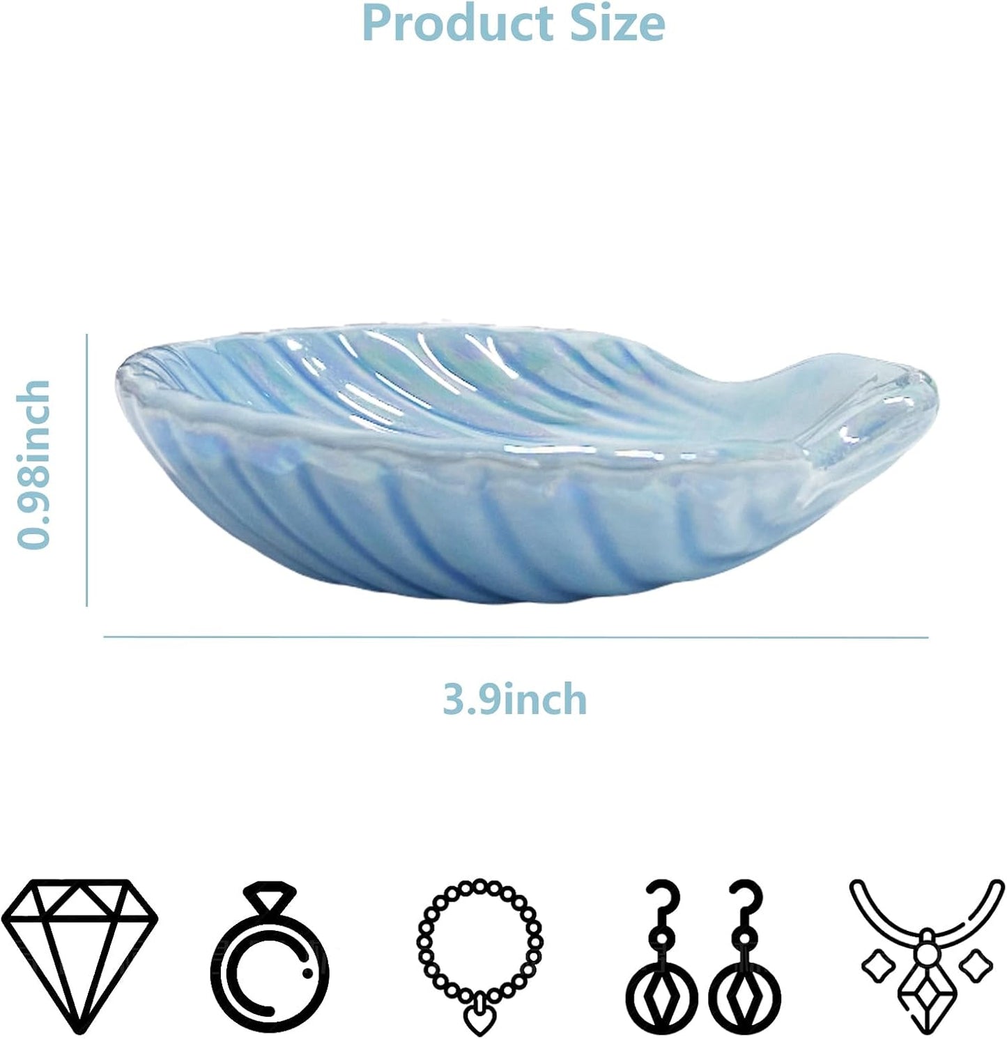 Shell Jewelry Dish Tray for Women, Ceramic Jewelry Tray, Seashell Shape Jewelry Ring Holder Dish, Jewelry Plate Trinket Dish for Necklace, Earring, Ring, Bracelet, 3.9", Sky Blue Iridescent Surface