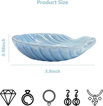 Shell Jewelry Dish Tray for Women, Ceramic Jewelry Tray, Seashell Shape Jewelry Ring Holder Dish, Jewelry Plate Trinket Dish for Necklace, Earring, Ring, Bracelet, 3.9", Sky Blue Iridescent Surface