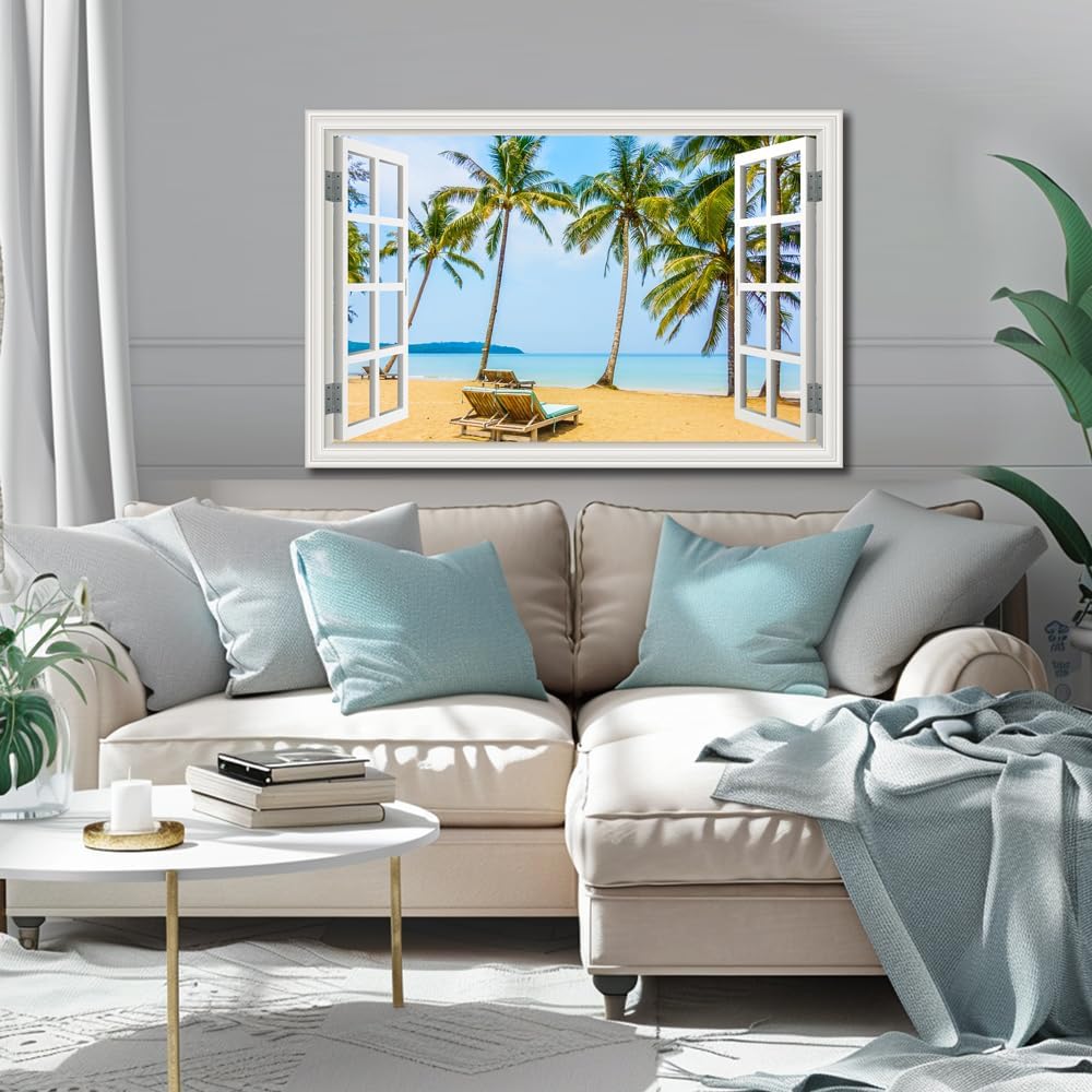 Tropical Beach Wall Art Fake Window Frame Style Blue Coastal Canvas with Palm Trees, 24x36 Inch, Ready to Hang for for Living Room, Bedroom, Bathroom & Home Office Décor