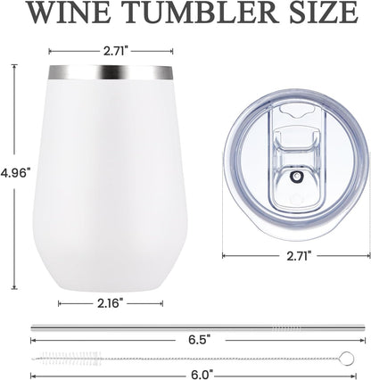 MEWAY Stemless 12oz Insulated Wine Tumbler with Lid and Straw - Double Wall Stainless Steel Thermal Cups, Travel wine glasses, Ideal for Bridal and Baby Shower Game Prizes(White,Set of 8)