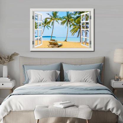 Tropical Beach Wall Art Fake Window Frame Style Blue Coastal Canvas with Palm Trees, 24x36 Inch, Ready to Hang for for Living Room, Bedroom, Bathroom & Home Office Décor