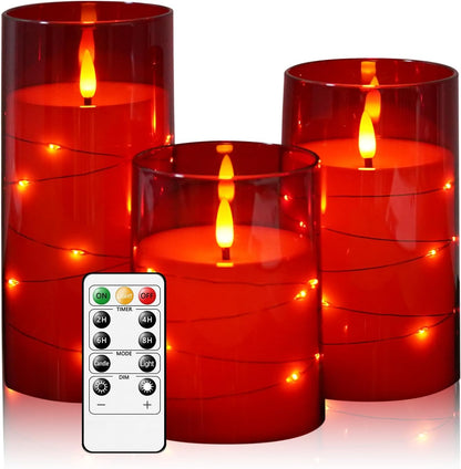 Flameless LED Candles with Timer 3 Pc Flickering Flameless Candles for Romantic Ambiance and Home Decoration Stable Acrylic Shell,with Embedded Star String，Battery Operated Candles（Red）