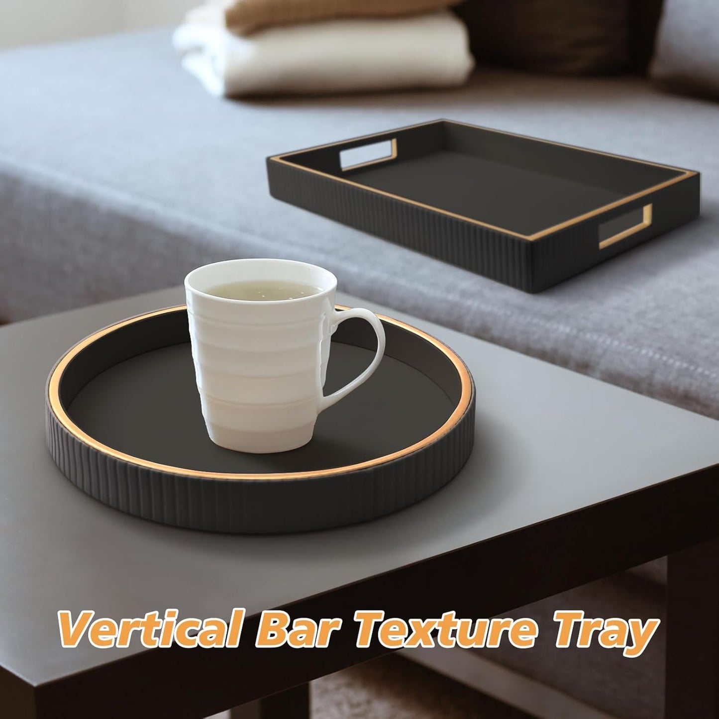 SANZIE Leather Tray Desktop Storage Organizer Premium Serving Tray Decorative Tray Valet Tray for Sundries Cosmetics Phone Wallet Cutlery, Combination, Black