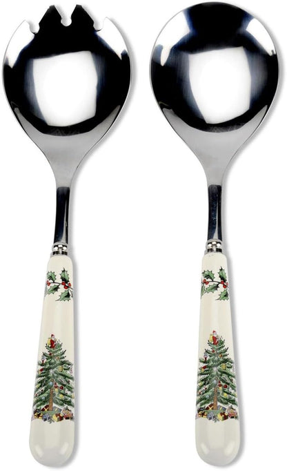 Spode Christmas Tree Salad Server Set (2-Piece) - 10 Inch Stainless Steel with Porcelain Handles, Festive Flatware for Holiday Dining - Dishwasher Safe, Seasonal Entertaining & Gift-Giving