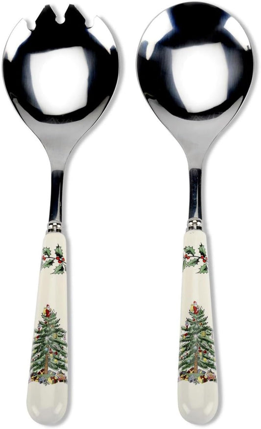 Spode Christmas Tree Salad Server Set (2-Piece) - 10 Inch Stainless Steel with Porcelain Handles, Festive Flatware for Holiday Dining - Dishwasher Safe, Seasonal Entertaining & Gift-Giving