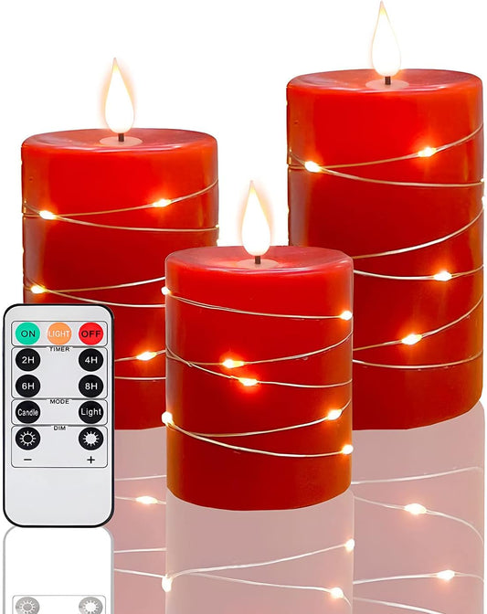 NICEME Red Flameless Candles with String Lights Battery Operated LED Pillar Candles 4‘’ 5‘’ 6‘’ Candle with Remote Control,Fake Candle Set of 3 for Christmas or Special Festivals Decorations