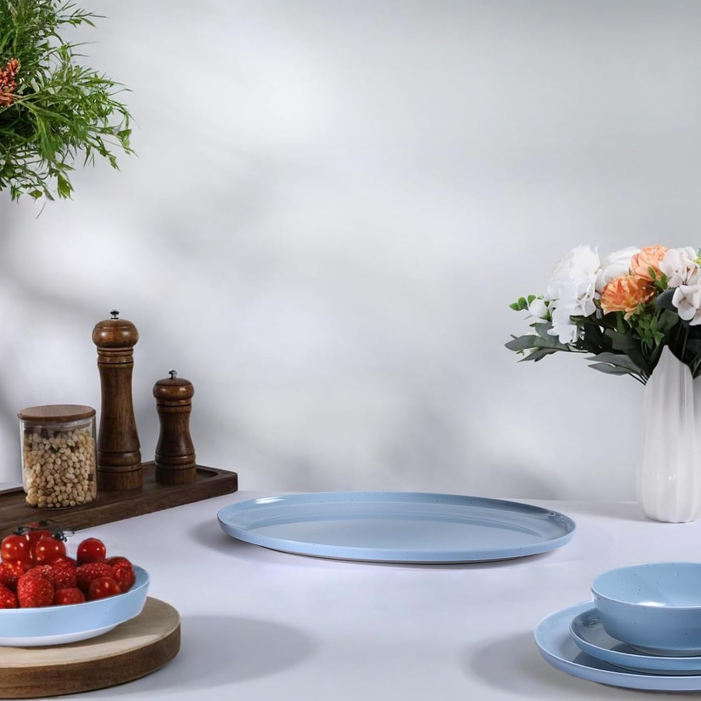 Webbylee ‌16" Melamine Oval Platter Set of 2- Lightweight Durable Serving Tray for Party, Catering & Home | Dishwasher Safe, Fits Turkey/Charcuterie-Blue & Beige