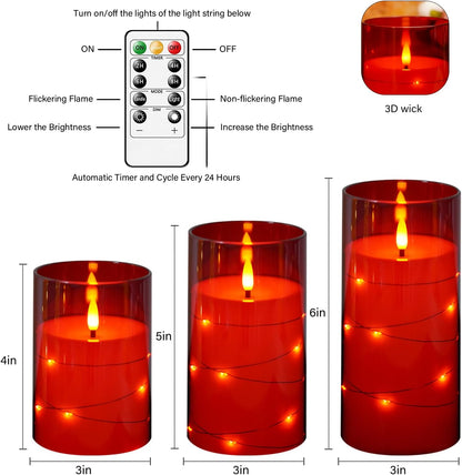 Flameless LED Candles with Timer 3 Pc Flickering Flameless Candles for Romantic Ambiance and Home Decoration Stable Acrylic Shell,with Embedded Star String，Battery Operated Candles（Red）