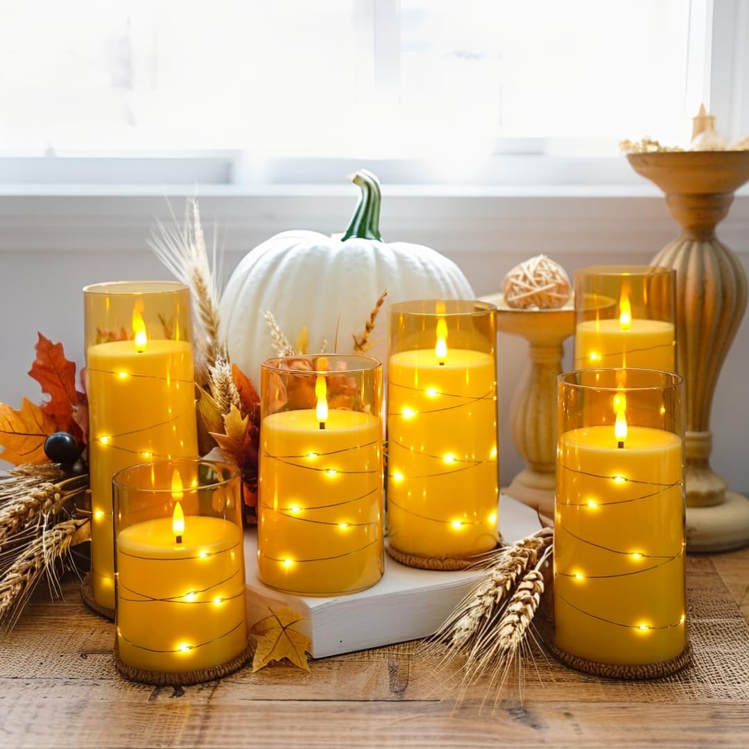 Lezonic 6Pcs Flameless LED Candles with Remote Timer, Acrylic Battery Operated Candles Flickering with Embedded String Lights, for Wedding Centerpiece, 3 x 456688 inches(Gold)
