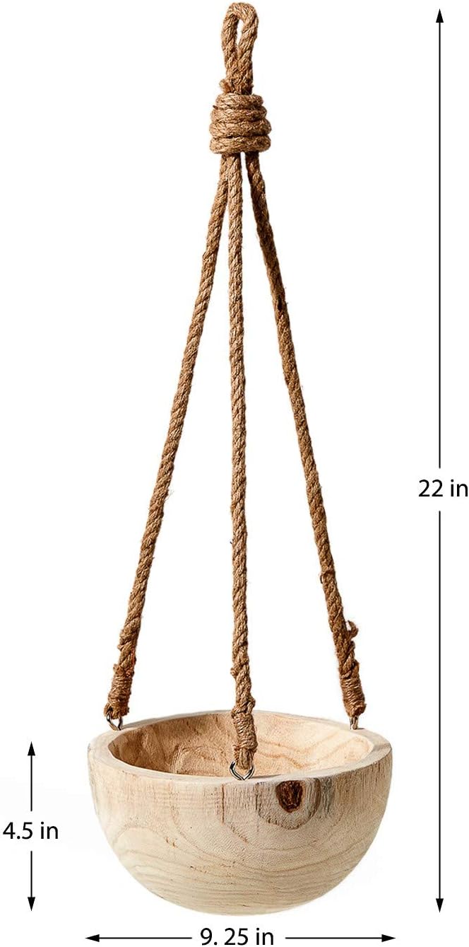 Serene Spaces Living Paulownia Hanging Wood Bowl with Jute Rope, Hanging Faux Succulent and Artificial Plants, Ideal for Home, Garden, Office Decor, Measures 4.5" Tall and 9.25" Diameter
