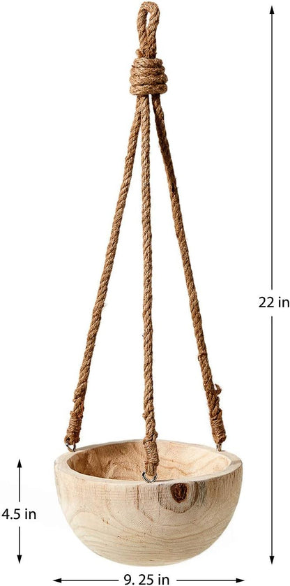 Serene Spaces Living Paulownia Hanging Wood Bowl with Jute Rope, Hanging Faux Succulent and Artificial Plants, Ideal for Home, Garden, Office Decor, Measures 4.5" Tall and 9.25" Diameter