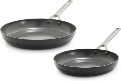 GreenPan x Bobby Flay 10” & 12” Ceramic Nonstick Frying Pan Set, PFAS-Free, Hard Anodized Cookware, Induction Compatible, Stainless Steel Handles, Oven & Broiler Safe to 600˚F, Dishwasher Safe, Black