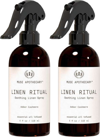 Muse Apothecary Linen Ritual - Aromatic, Soothing, and Relaxing Linen Mist, Laundry and Fabric Spray - Infused with Aromatherapy Essential Oils - 4 oz, Amber Cashmere, 2 Pack