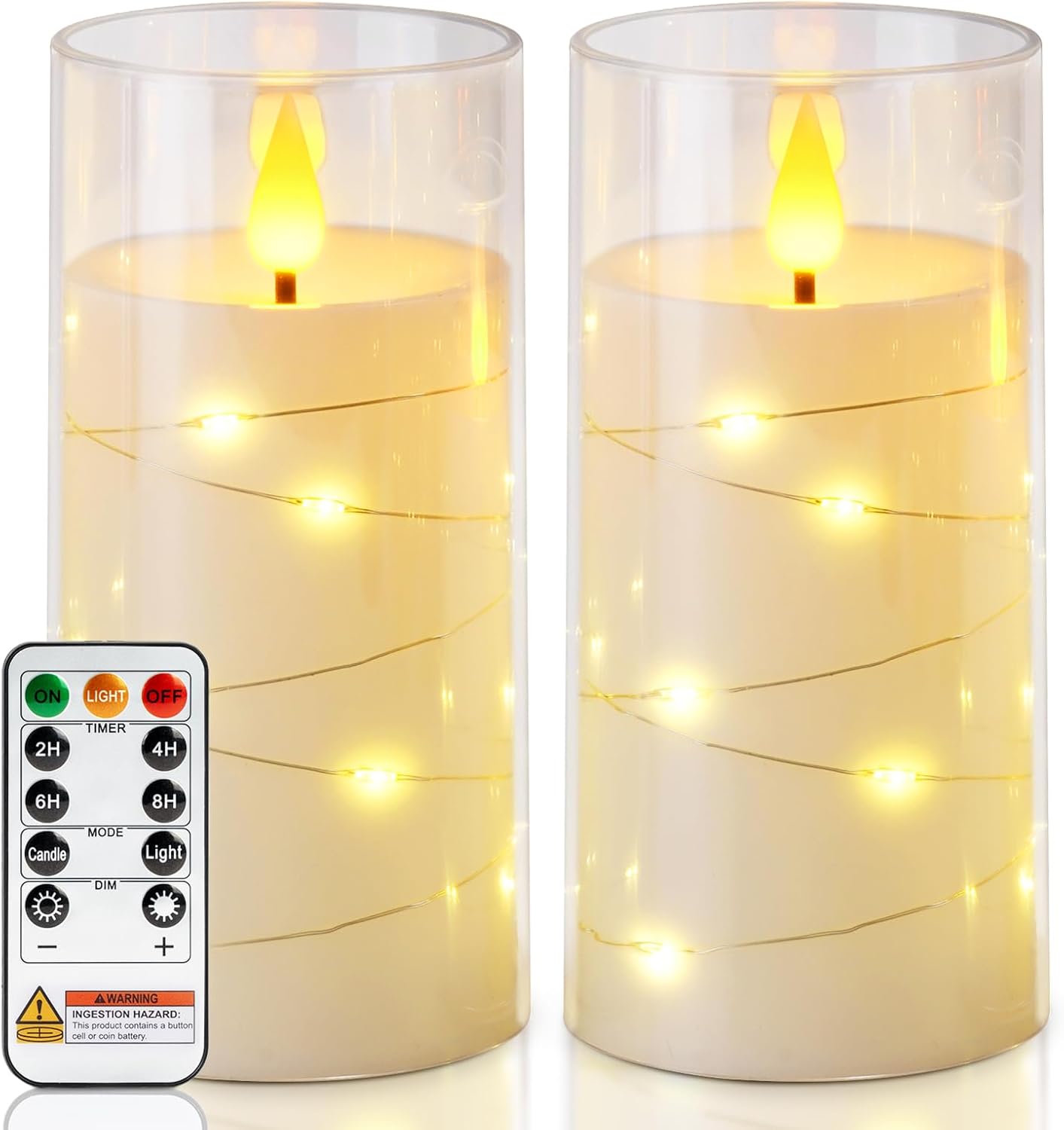 Homemory Flameless Candles with Embedded Star String Fairy Lights, Battery Operated Candles, LED Candle, Fake Candles with Remote Control and Timer, White, Set of 2(H 6" 6")