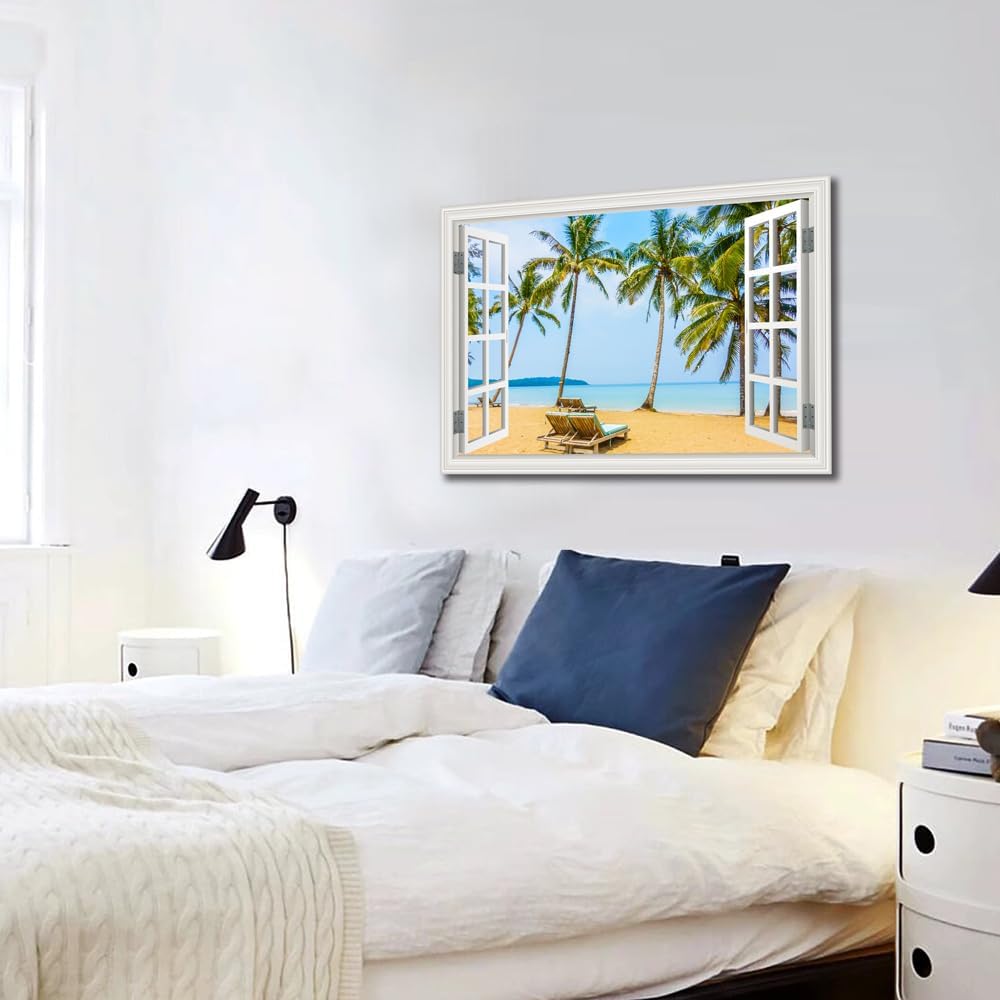 Tropical Beach Wall Art Fake Window Frame Style Blue Coastal Canvas with Palm Trees, 24x36 Inch, Ready to Hang for for Living Room, Bedroom, Bathroom & Home Office Décor