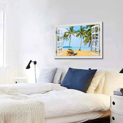 Tropical Beach Wall Art Fake Window Frame Style Blue Coastal Canvas with Palm Trees, 24x36 Inch, Ready to Hang for for Living Room, Bedroom, Bathroom & Home Office Décor